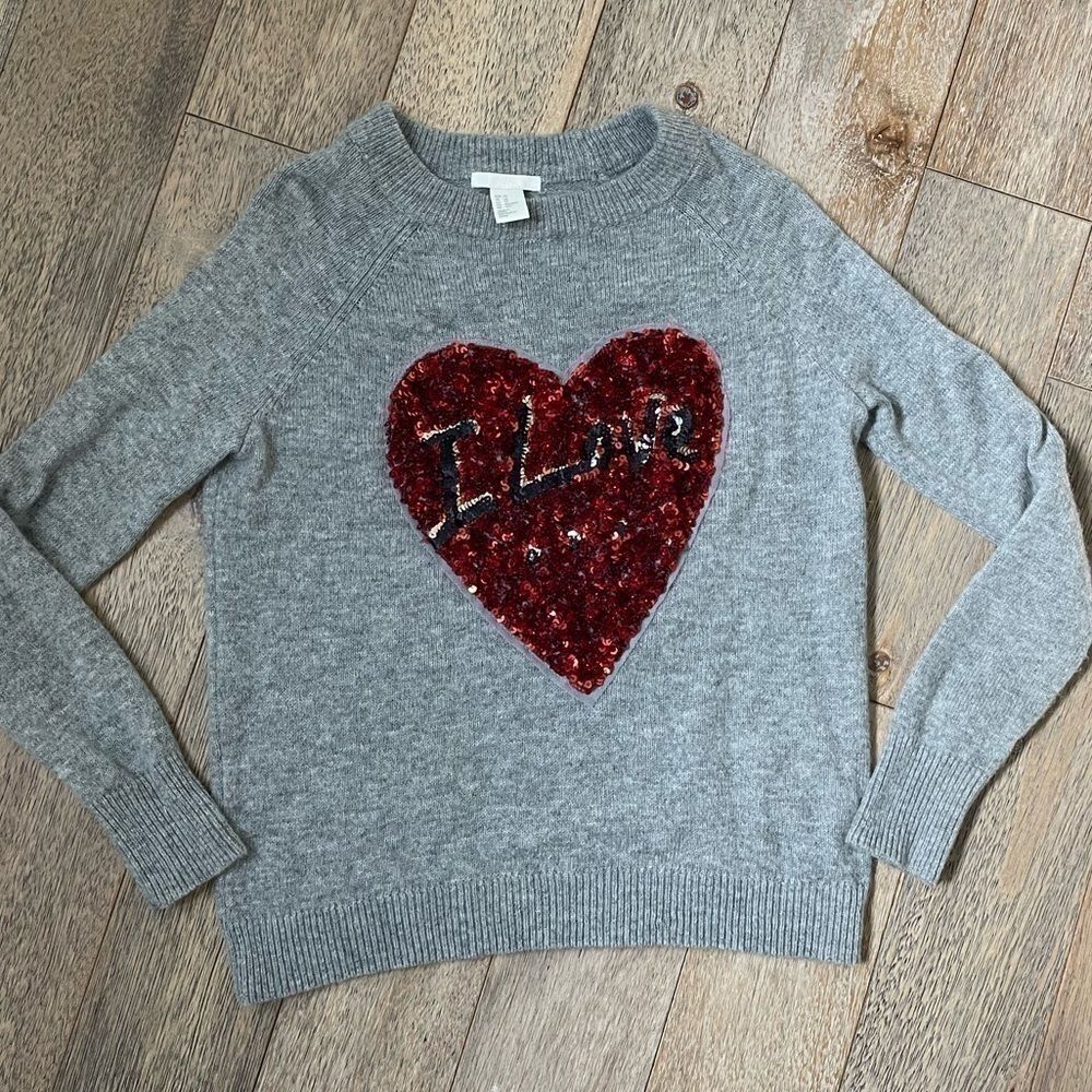 Red Sequin Heart Grey Crewneck Sweater XS